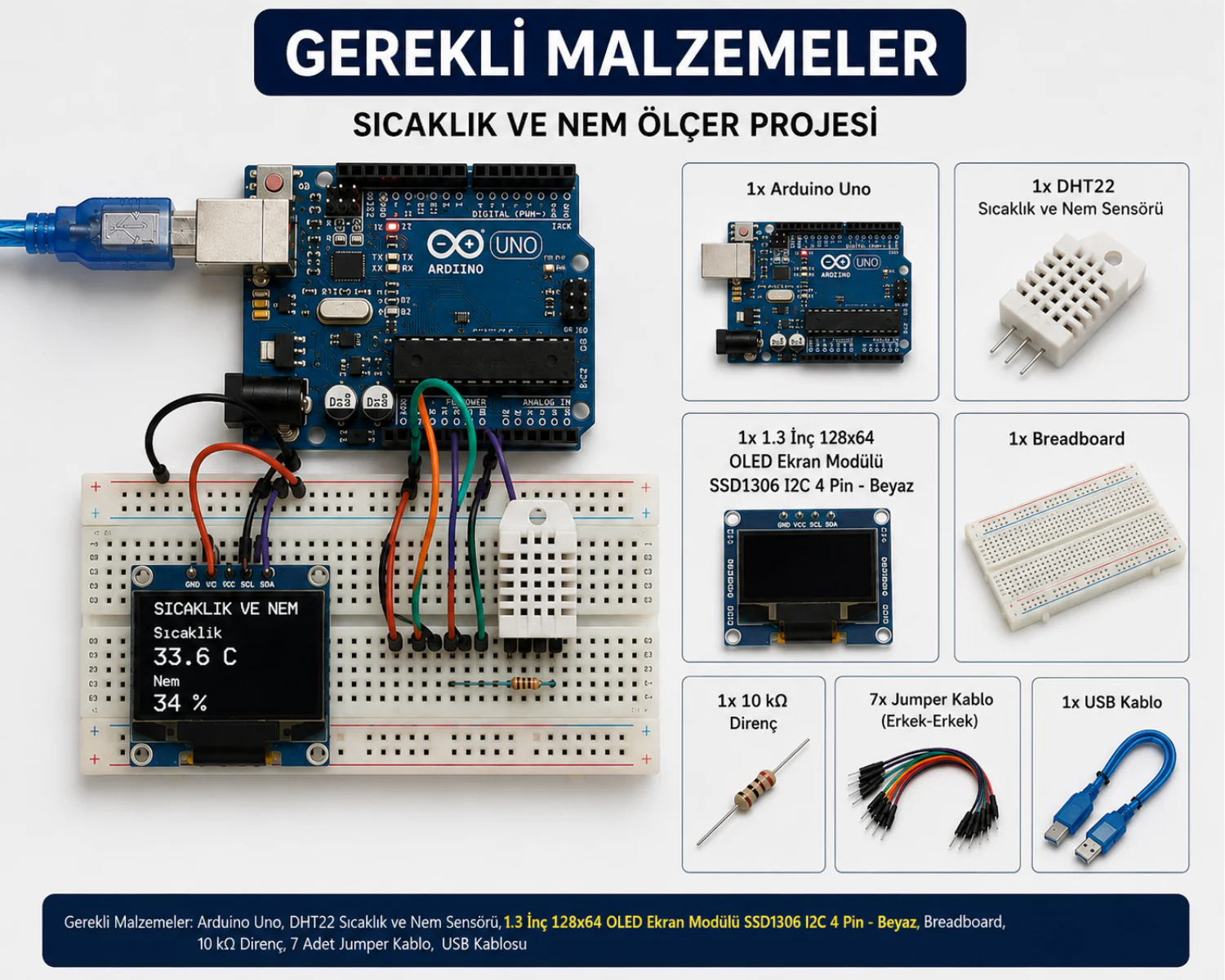 Arduino OLED sıcaklık ve nem ölçer gerekli malzemeler
