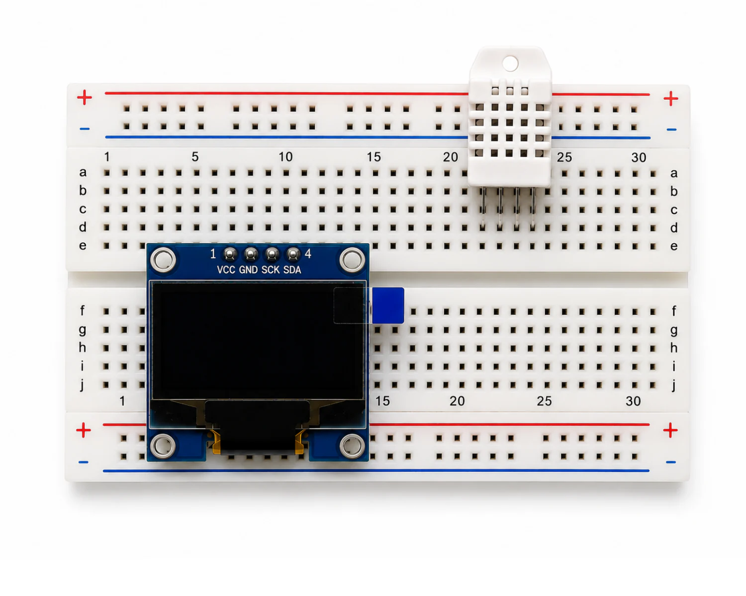 OLED ekran ve DHT22 sensörünün breadboard yerleşimi